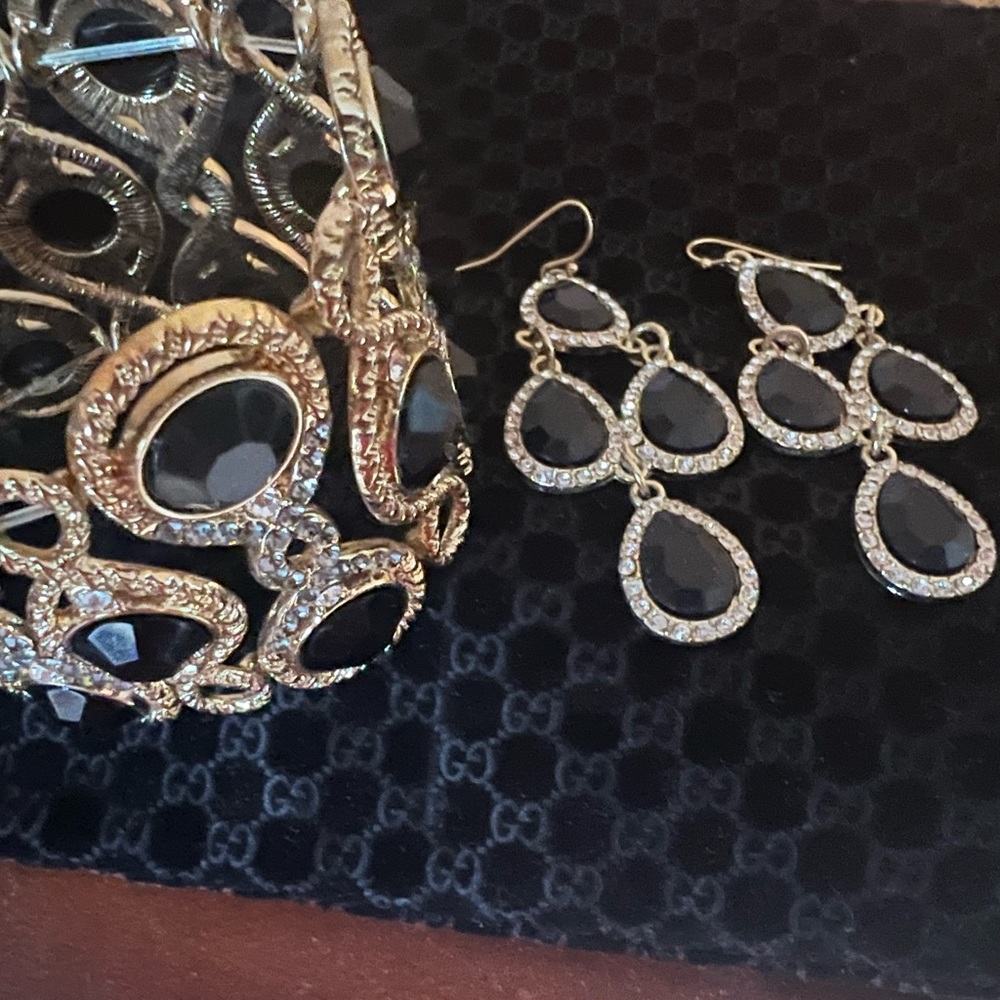 Black and Gold Onyx Rhinestone Cuff and Earrings set.